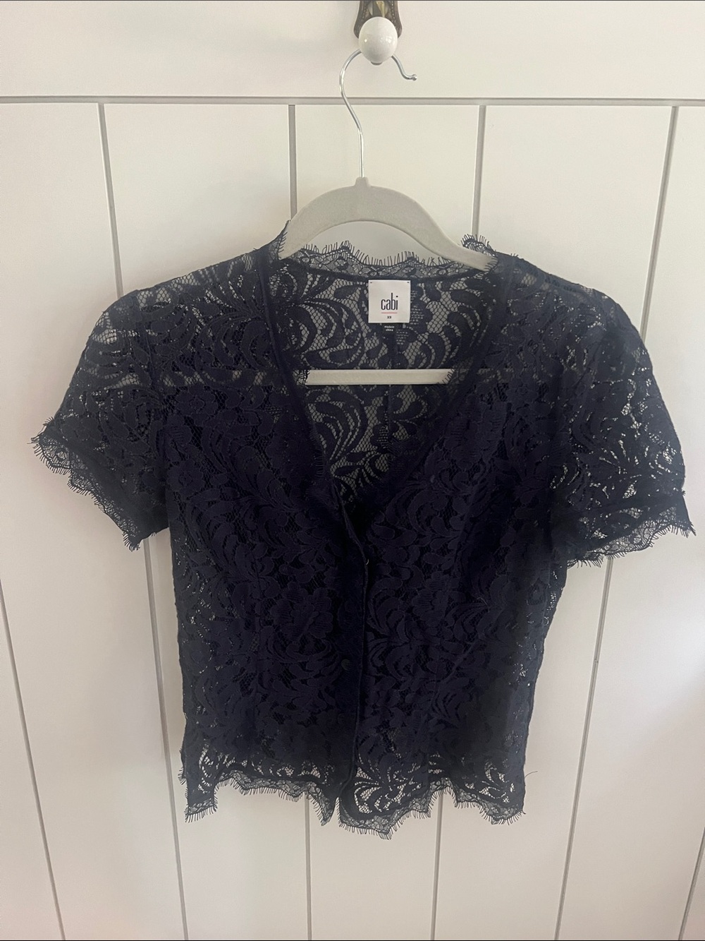 Cabi Navy Floral Lace Short Sleeve Button-Up Top